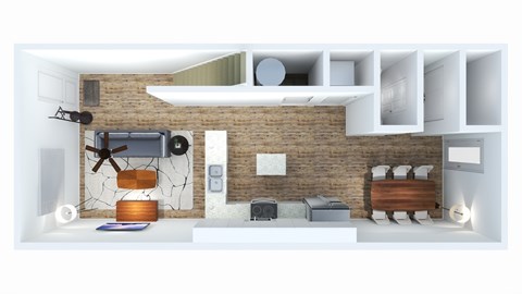A modern living room with a brick wall and white furniture.